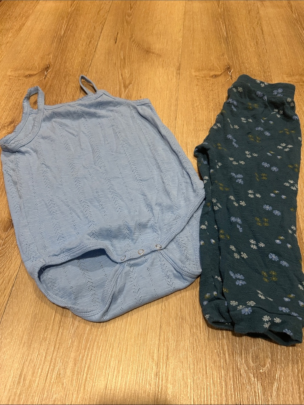 Light Blue Knit Sleeveless Baby Bodysuit with Floral Green Pants